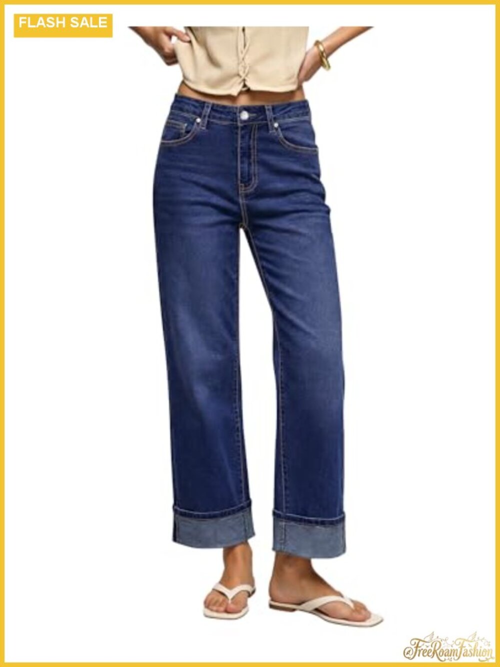 Wide Leg Jeans for Women High Waisted Cuffed Hem Stretchy Denim Trousers Work